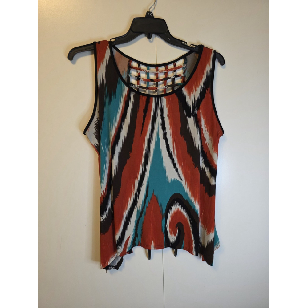 Cato Women's XL Top Sharkbite Hem Colorful Tribal Print Lattice Back